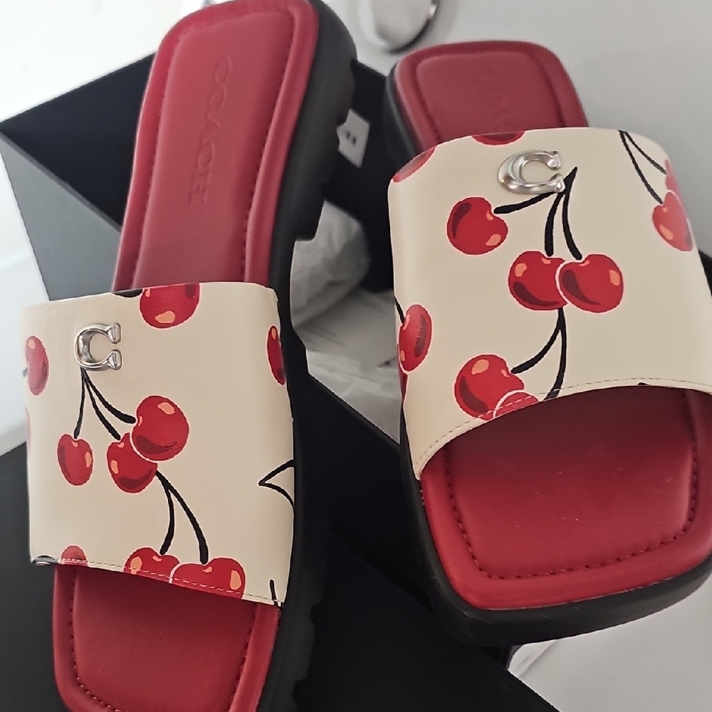 Coach Cherry Print Red and Cream Slide Sandals - Picture 9 of 10
